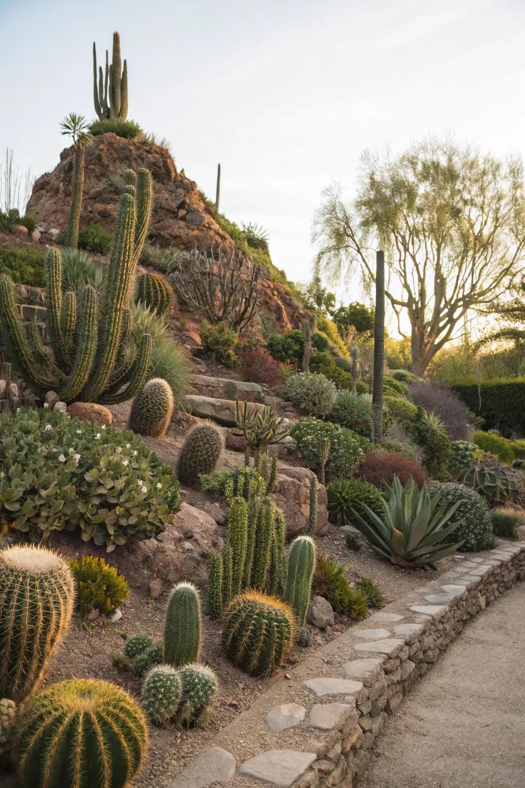 Cacti situated on a hill design a tiered and multi-dimensional vista.