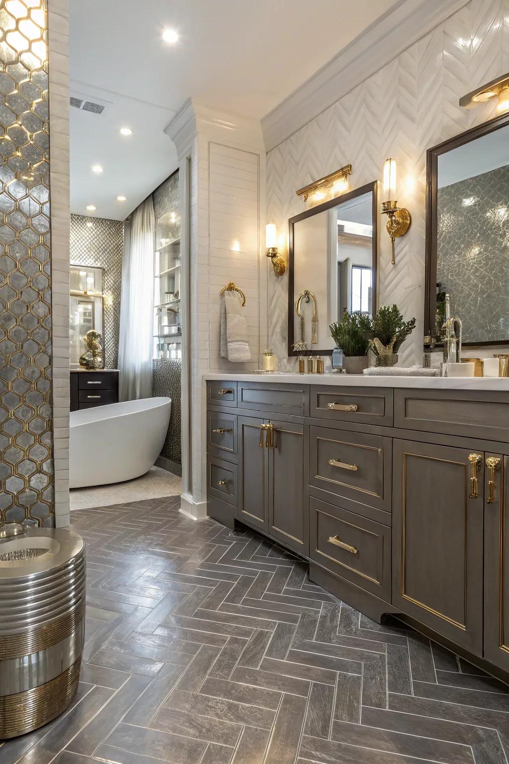 Metallic-accented durable flooring introduces a touch of glamour to this luxurious bathroom.