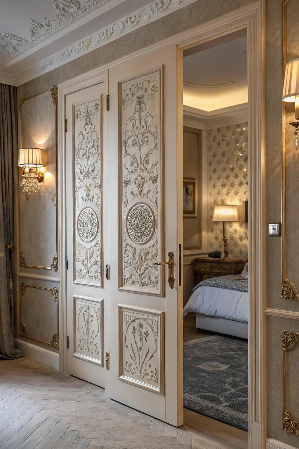 Architectural panels add depth and sophistication to your bedroom door.