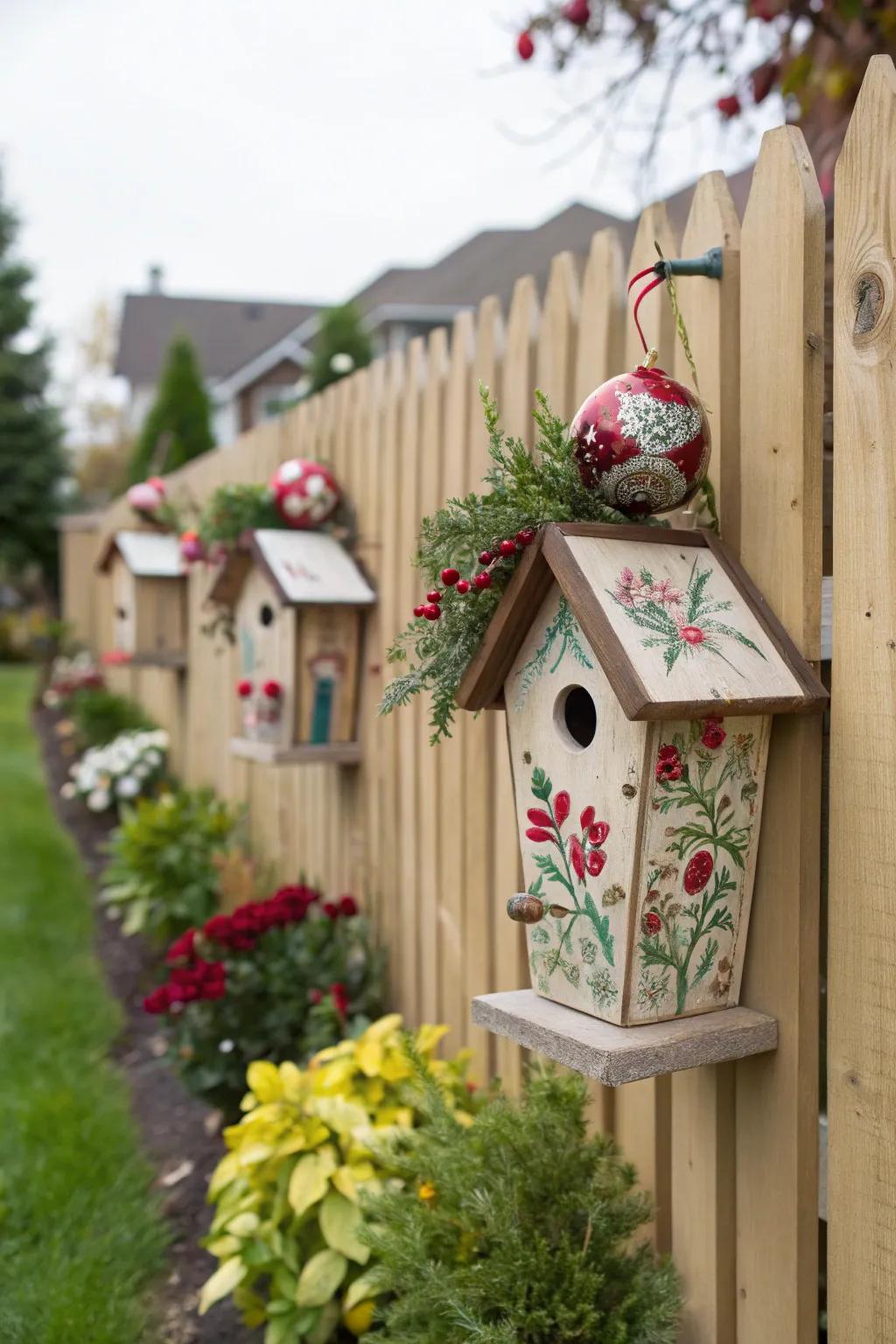 Seasonal birdhouse themes bring festive charm to the garden fence.