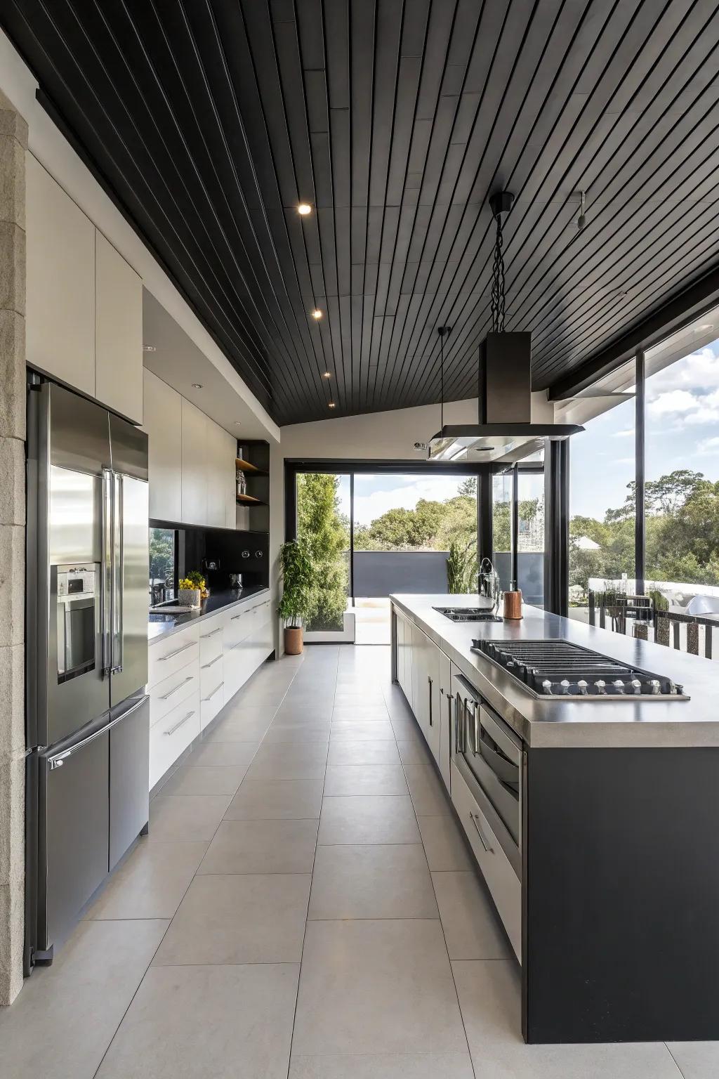 A modern kitchen where a black ceiling adds flair.