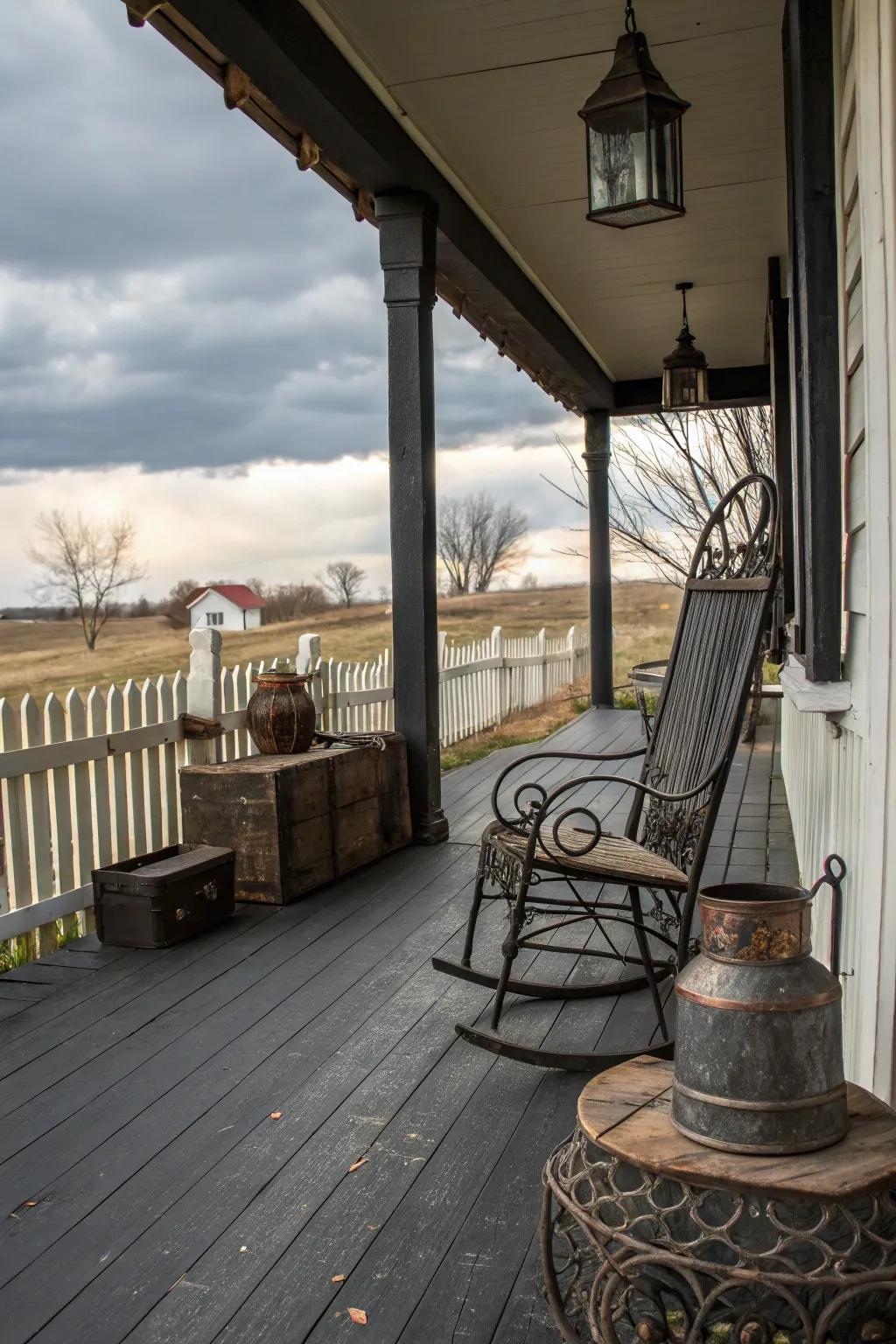 An antique metal chair appending character to a dark porch.