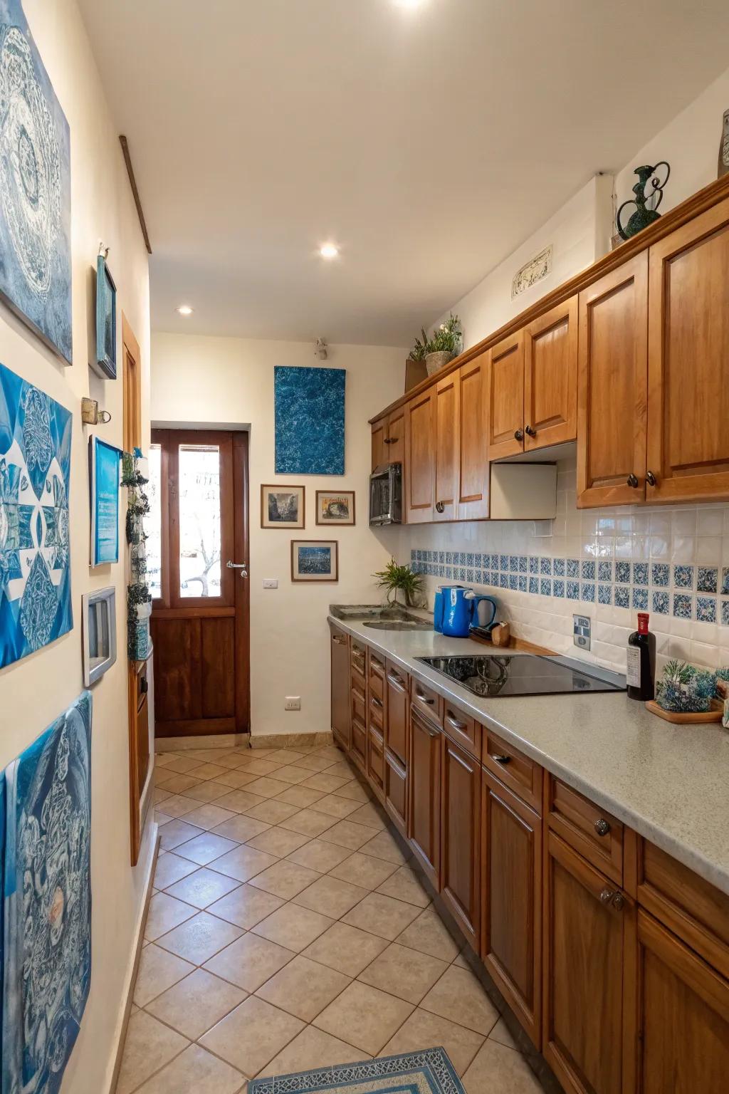 Blue art pieces enhance the kitchen’s cohesive theme.