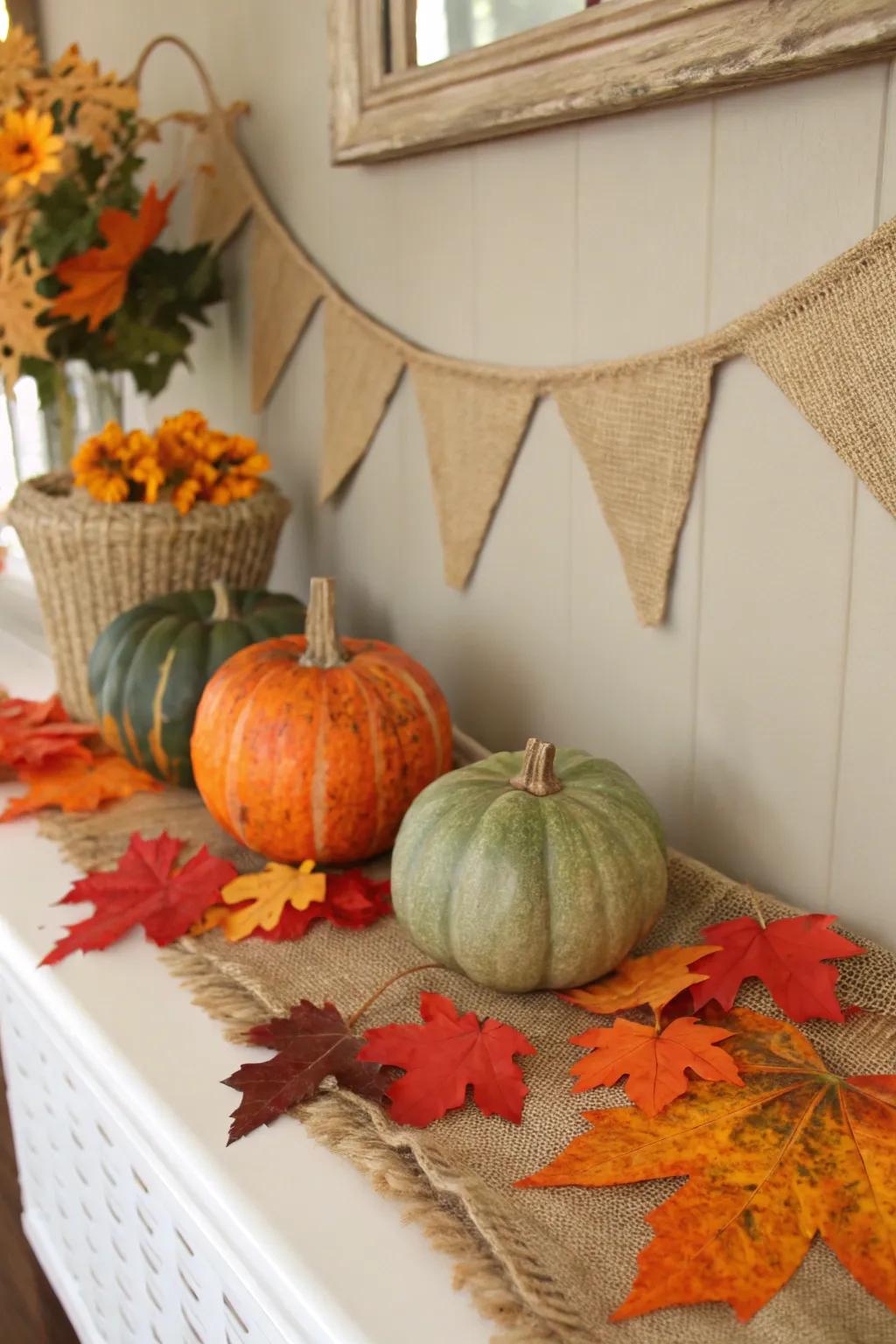 Burlap weaves together seasonal decor beautifully.
