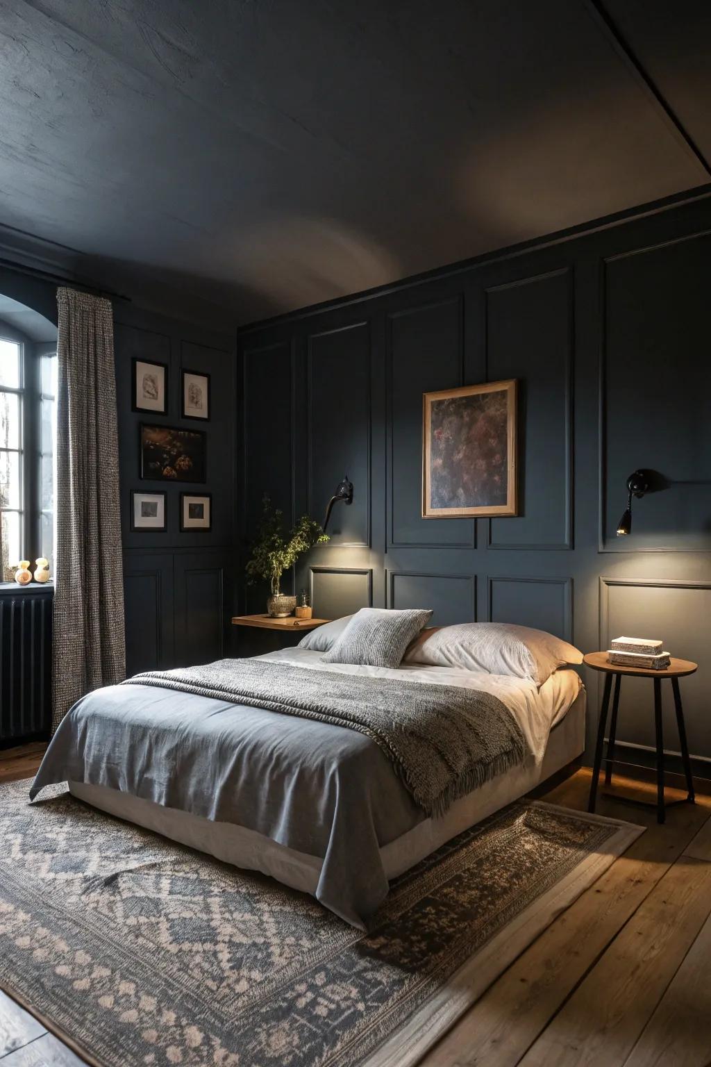 Dark hues create a cozy and sophisticated retreat.