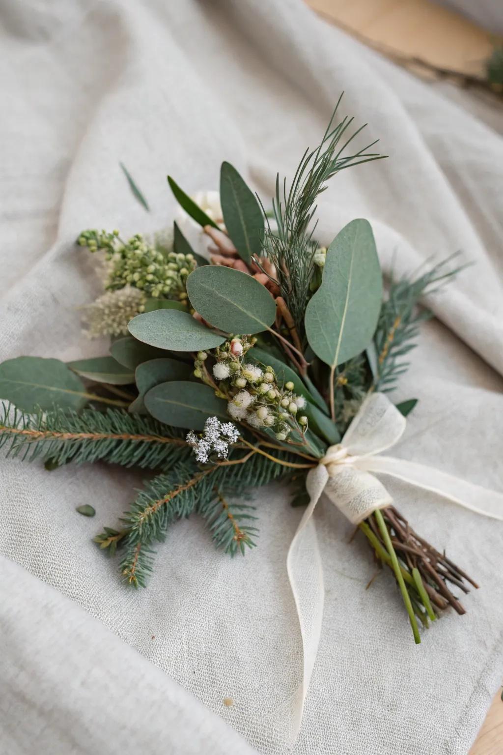 A modern Christmas corsage with eucalyptus leaves.