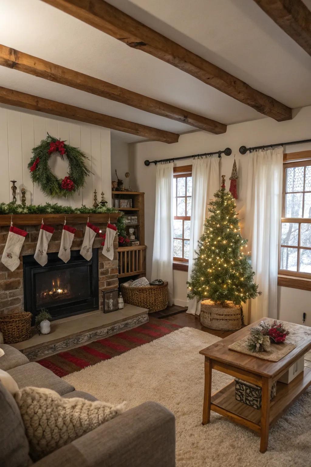 Festive farmhouse with cozy and personal decor.