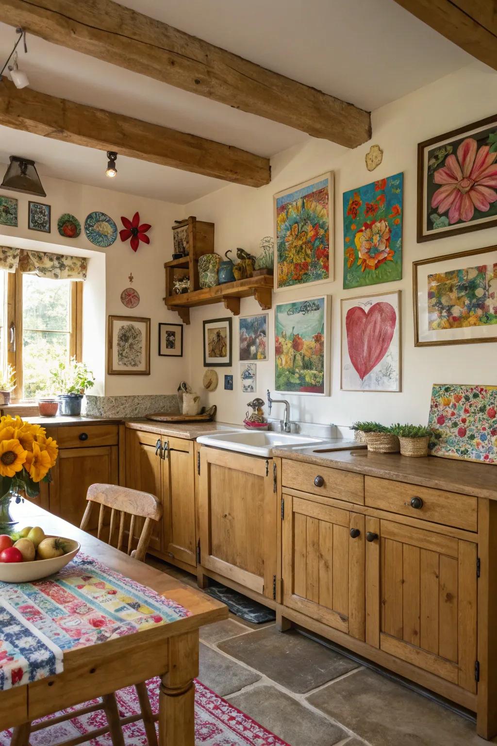 Art adds a personal touch to this colorful country kitchen.