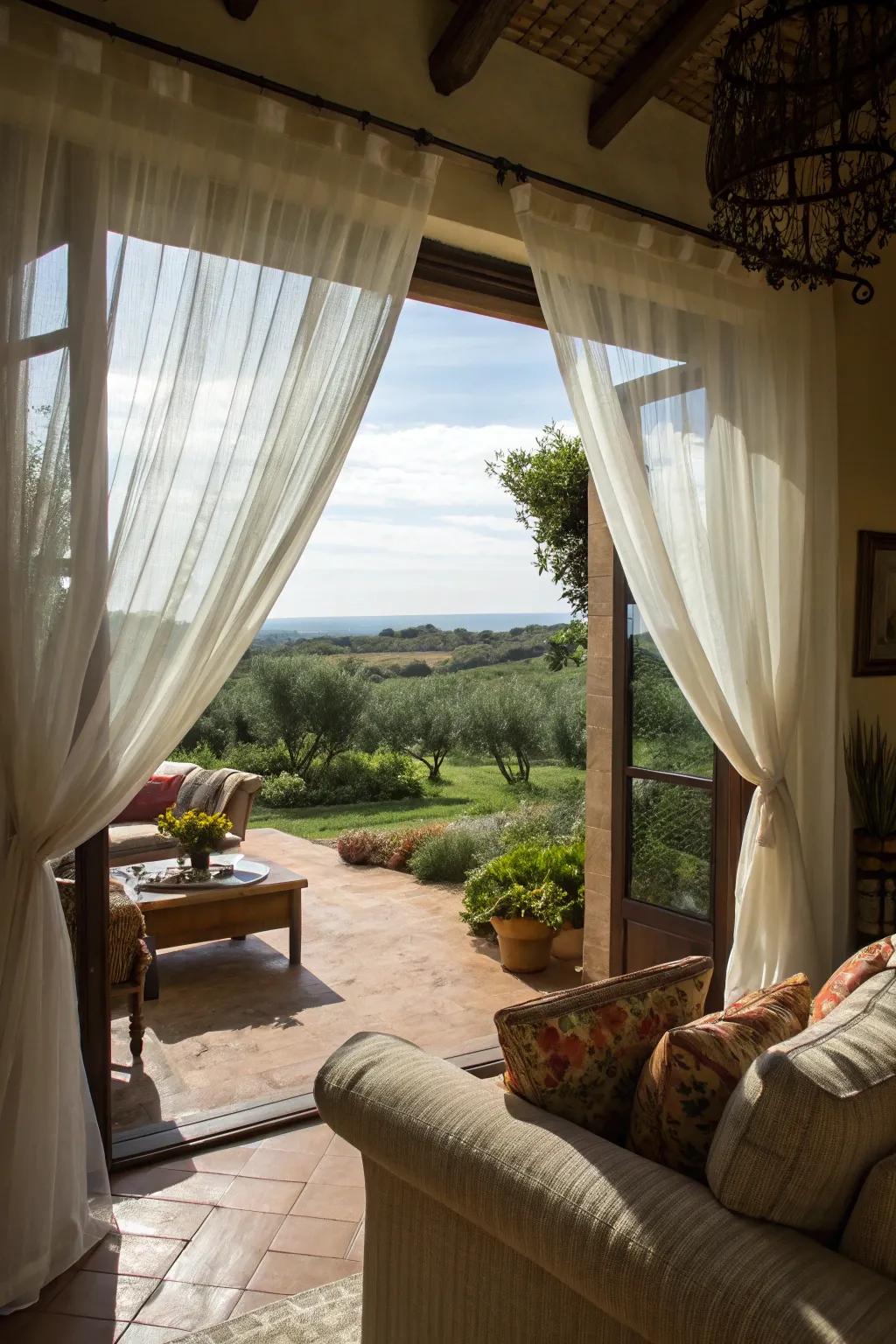 Delicate sheers beautifully frame outdoor vistas.