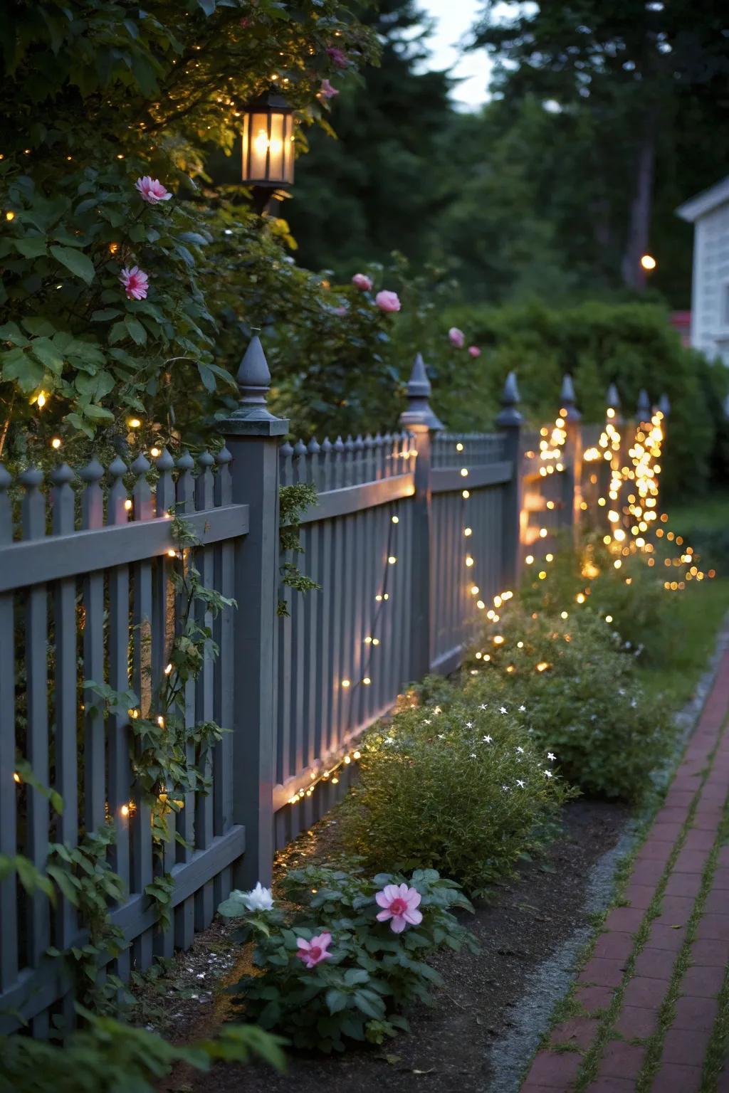 Fairy lights add a magical touch to a deep charcoal barrier, creating a whimsical garden ambiance.