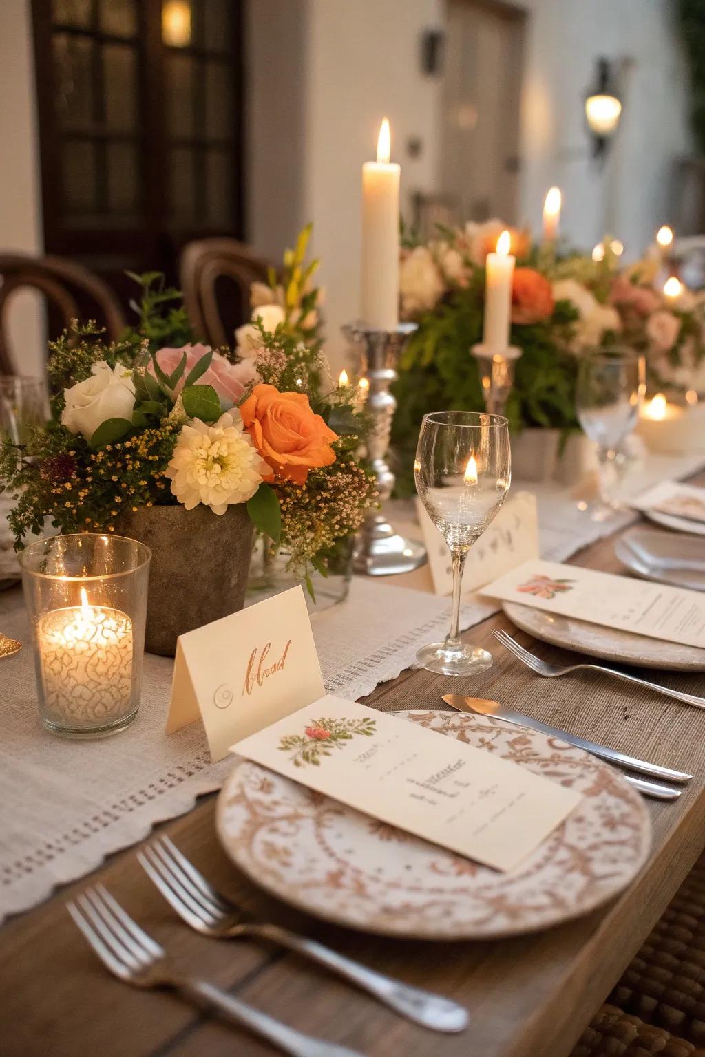 Personal message place cards create a warm and inviting atmosphere.