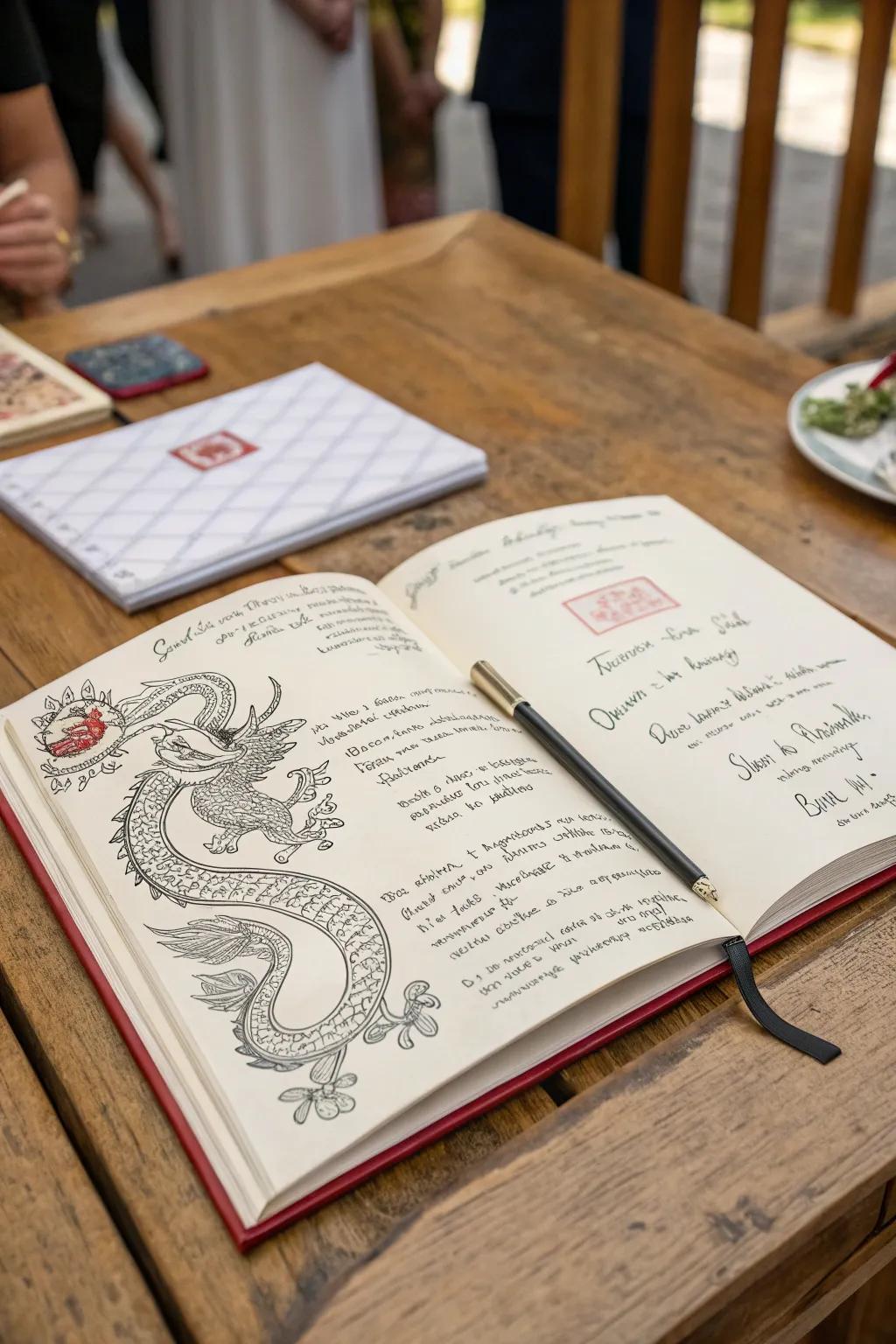 A dragon-themed guest book captures heartfelt messages from loved ones.