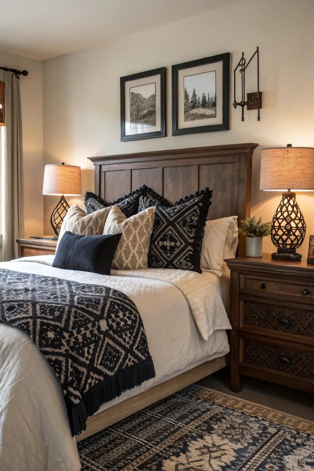 Shadowy accent pillows unify the color scheme elegantly.