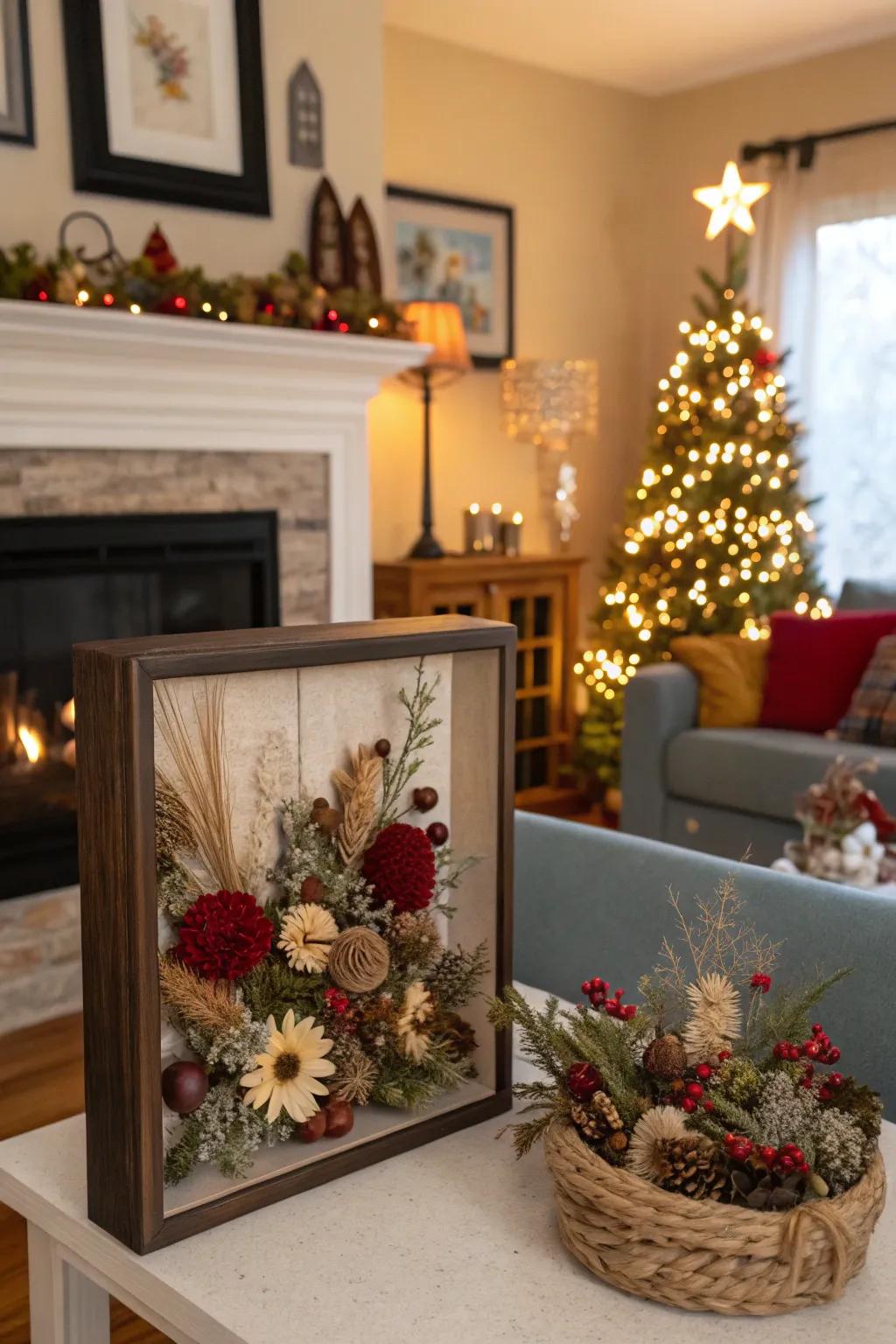 Add holiday cheer with a festive dried flower display case.