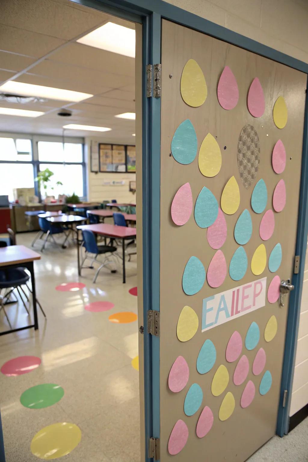 A pastel egg hunt brings a playful and festive touch to this classroom door.