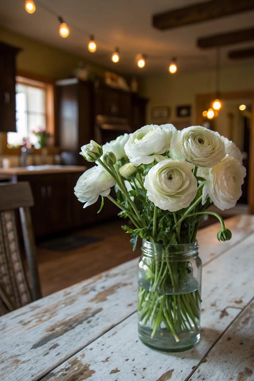 White ranunculus bringing charm to a rustic setting.