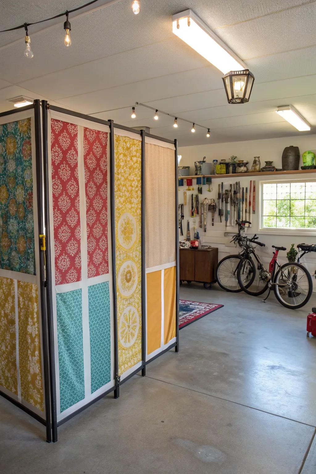Framed fabric sections bring color and personality to your garage.