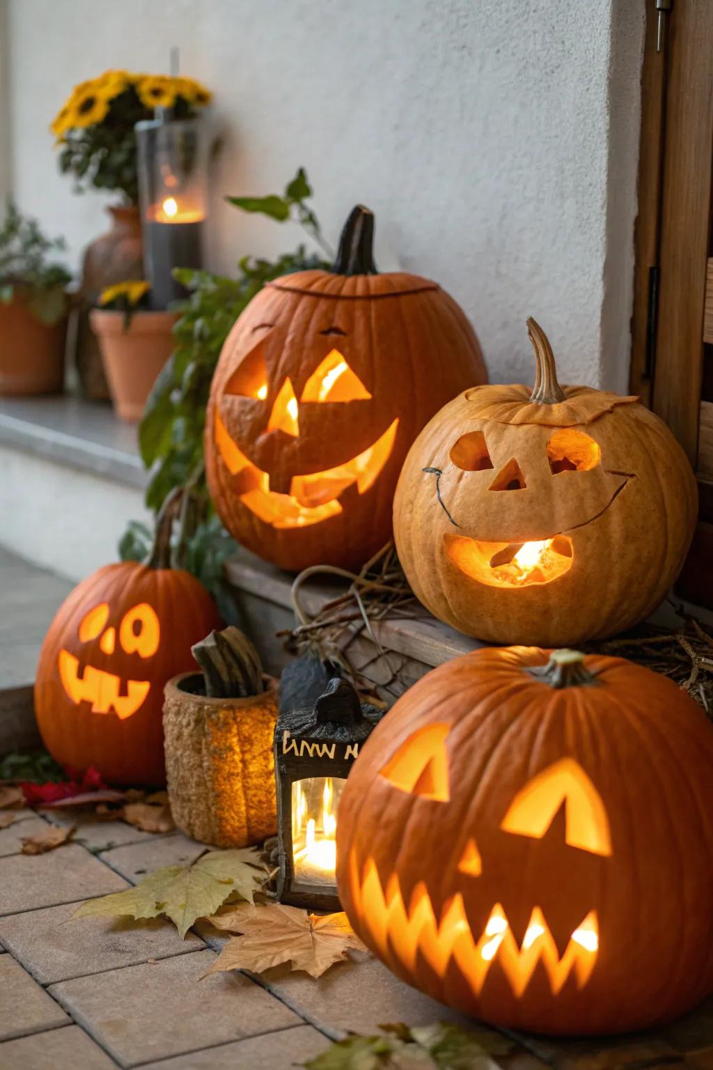 A compilation of festive visage pumpkins, radiating with personality and charm.
