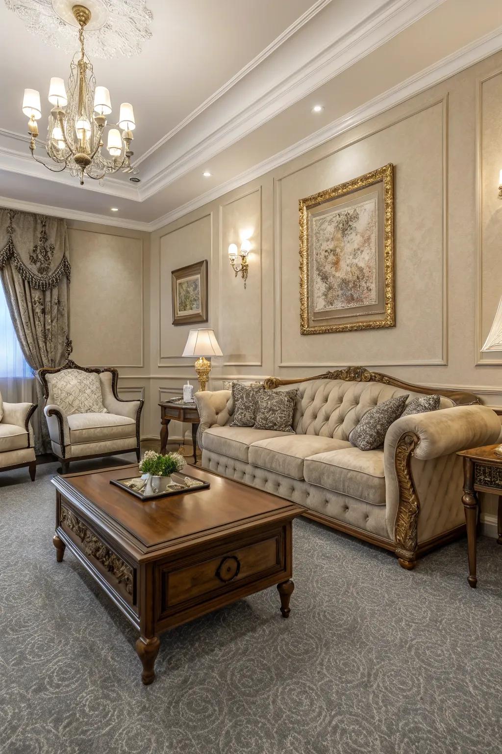 Sand-toned walls provide timeless elegance with gray carpets.
