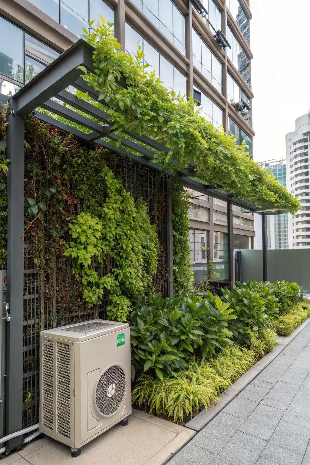 A lush vertical garden offers shade and transforms the outdoor environment.