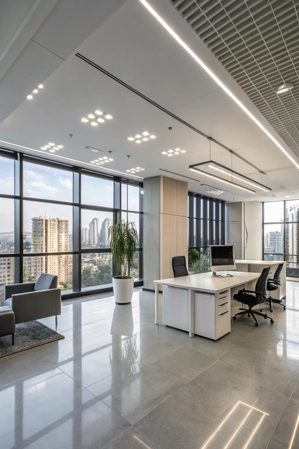 Stylish office featuring professional LED vaulted illumination
