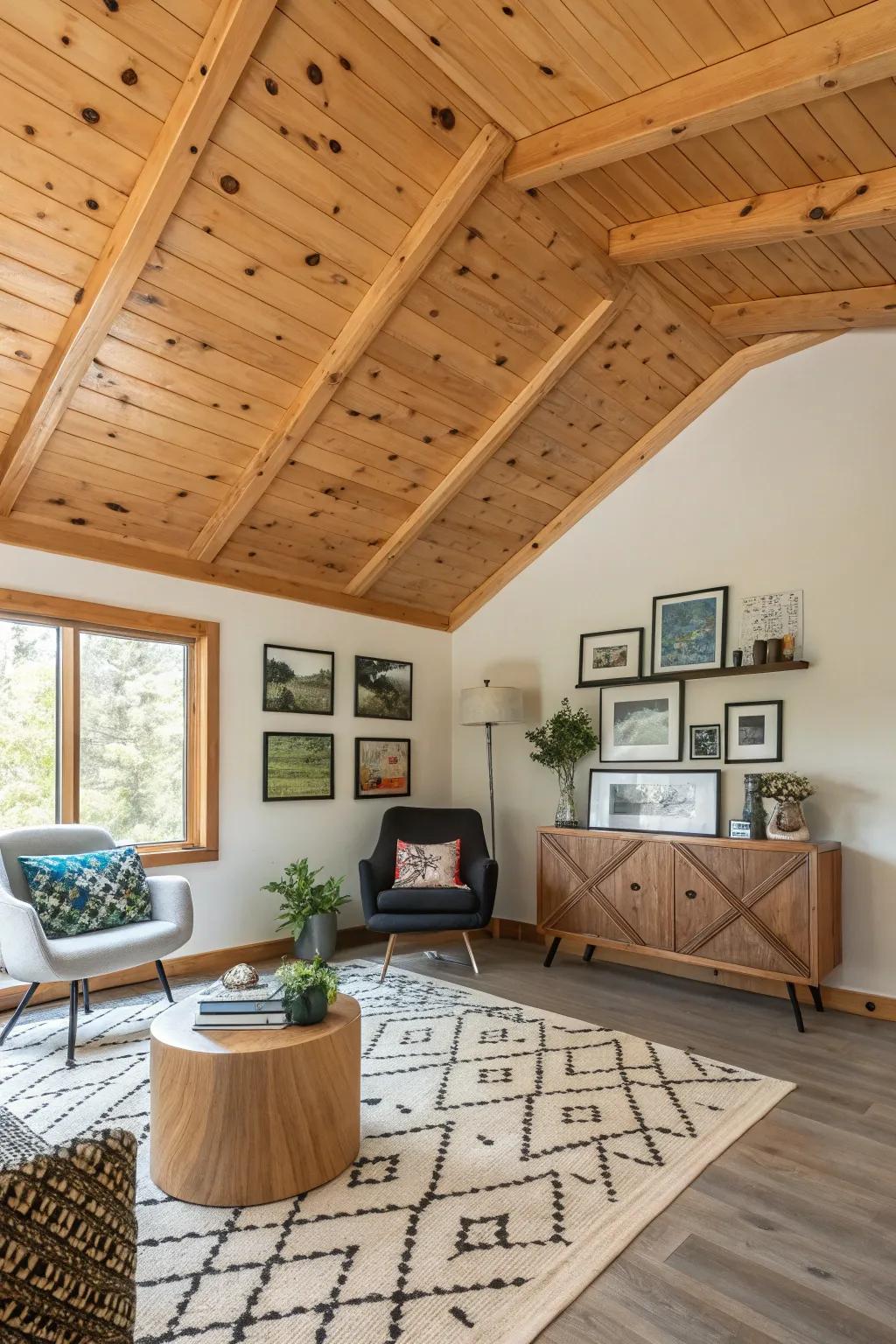 A creative room where a skewed rough-sawn fir ceiling adds sophistication.