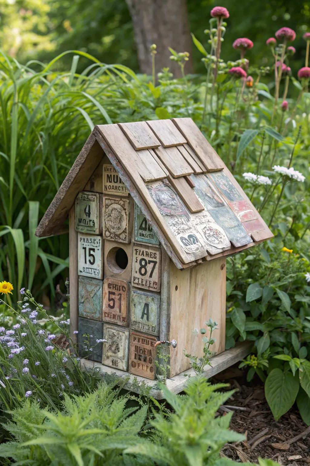 Add charm to your garden with a license plate birdhouse.