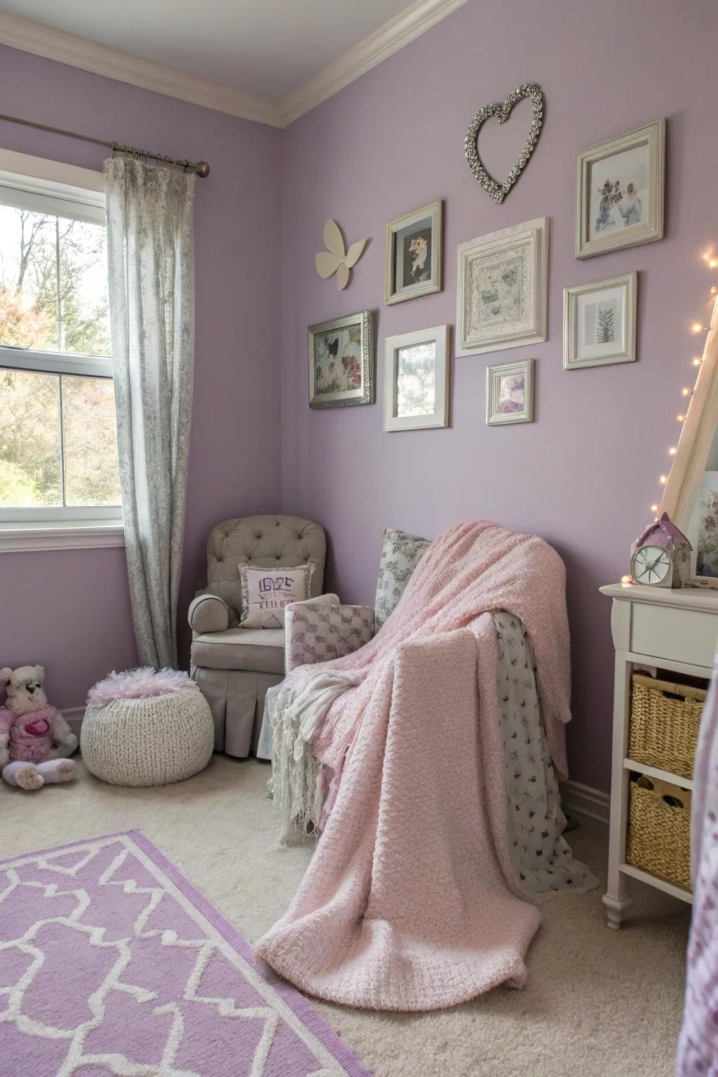 Lavender walls creating a dreamy and tranquil space.
