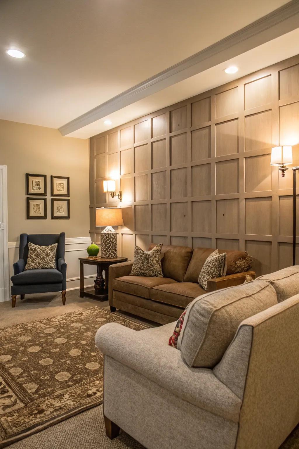 A board and batten accent wall provides depth and architectural elegance.