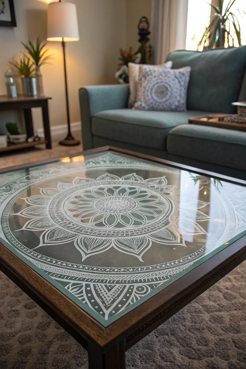 Etched pattern designs on a glass coffee table adding sophistication.