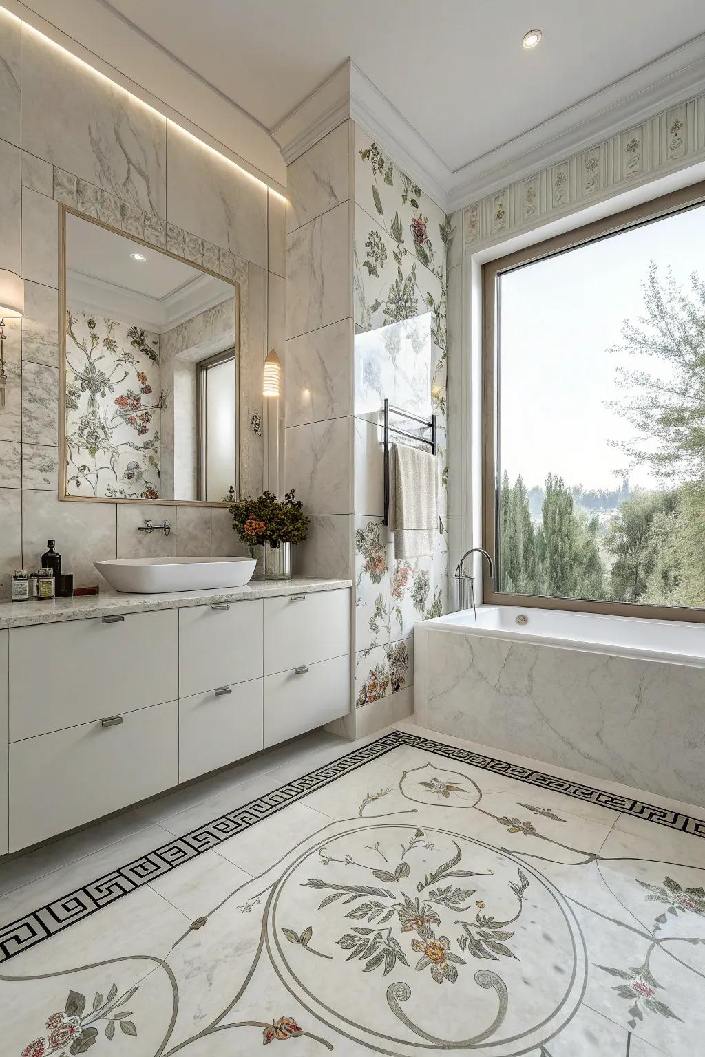 Chic floral marble porcelain tiles add a whimsical touch to the bathroom.