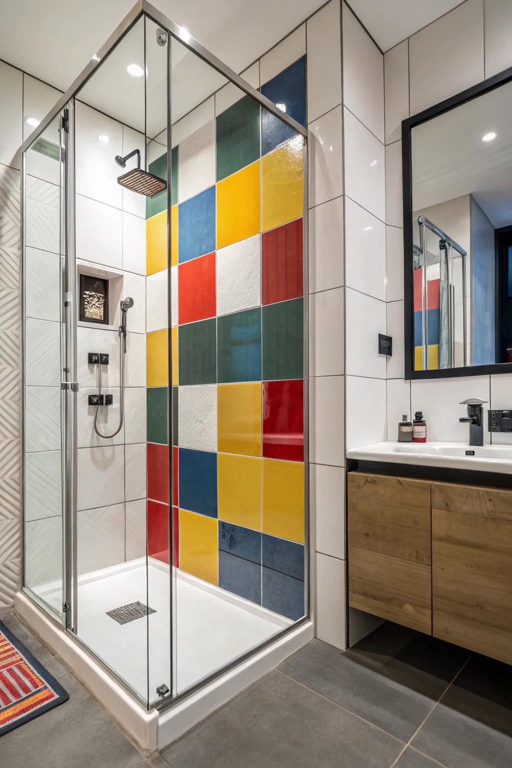 A shower featuring bold color-blocked tiles for a dramatic, modern statement.