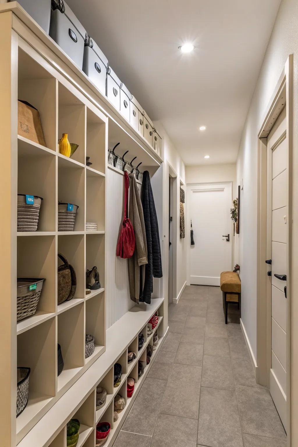 Vertical storage solutions optimize functionality and space in the hallway.