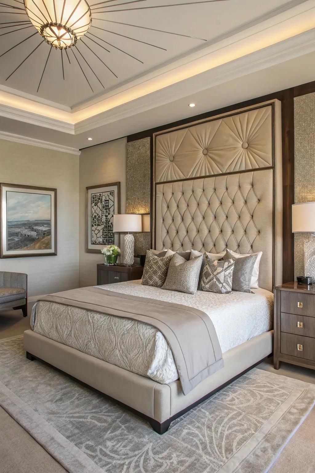 The focal point of this contemporary bedroom is a statement headboard.
