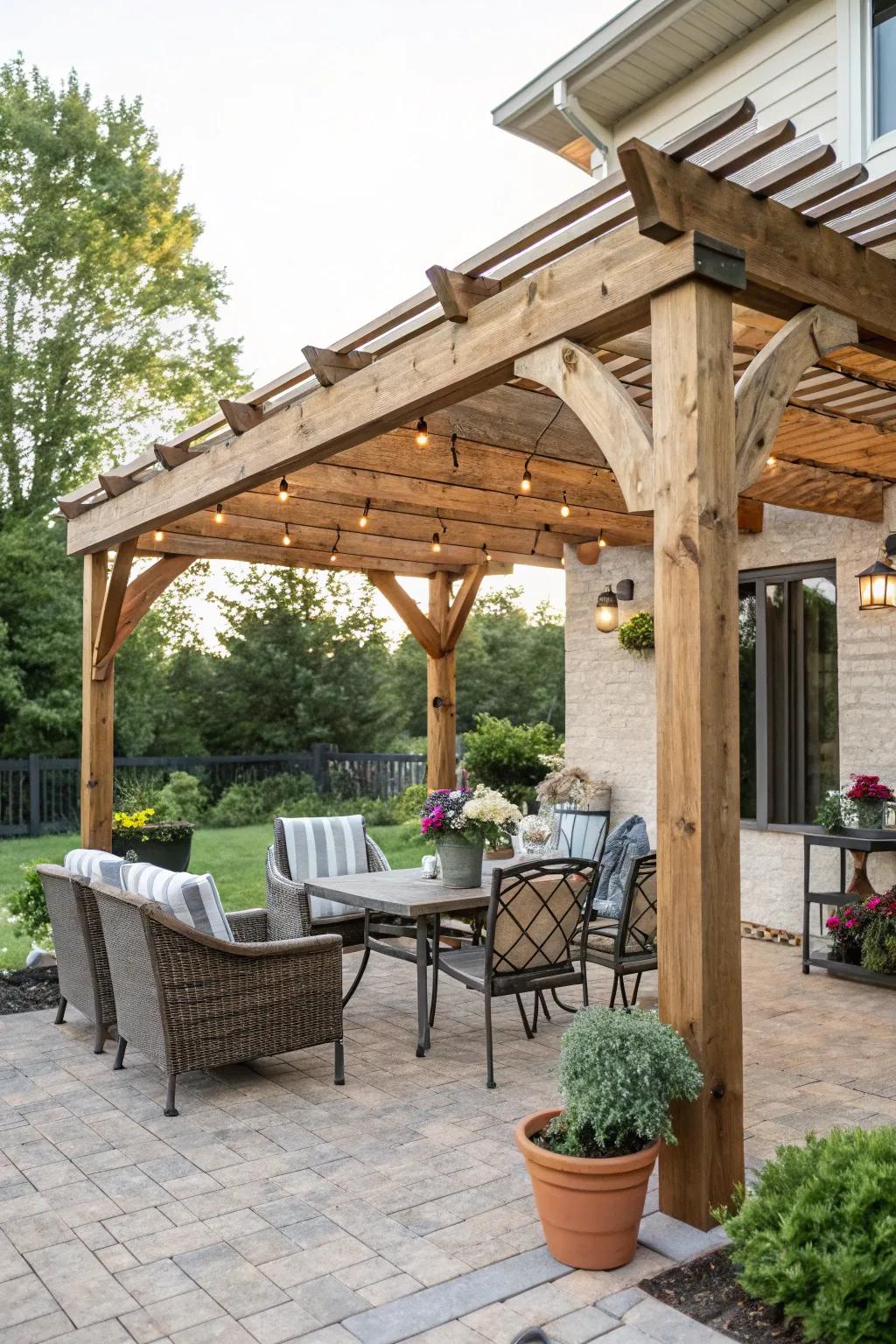 A DIY wood pergola provides shade over a patio seating area.