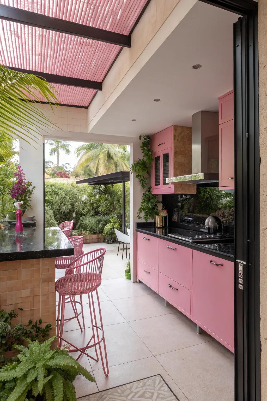 A cohesive color theme flows from the kitchen to the outdoor area.