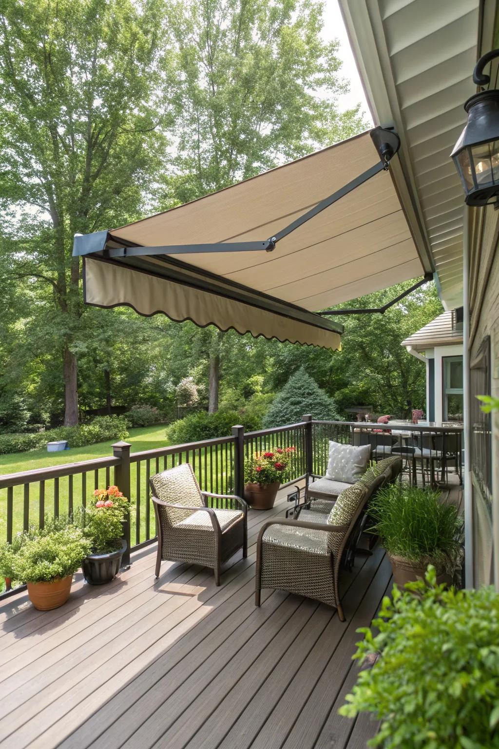 A retractable awning provides adaptable solitude and shade.