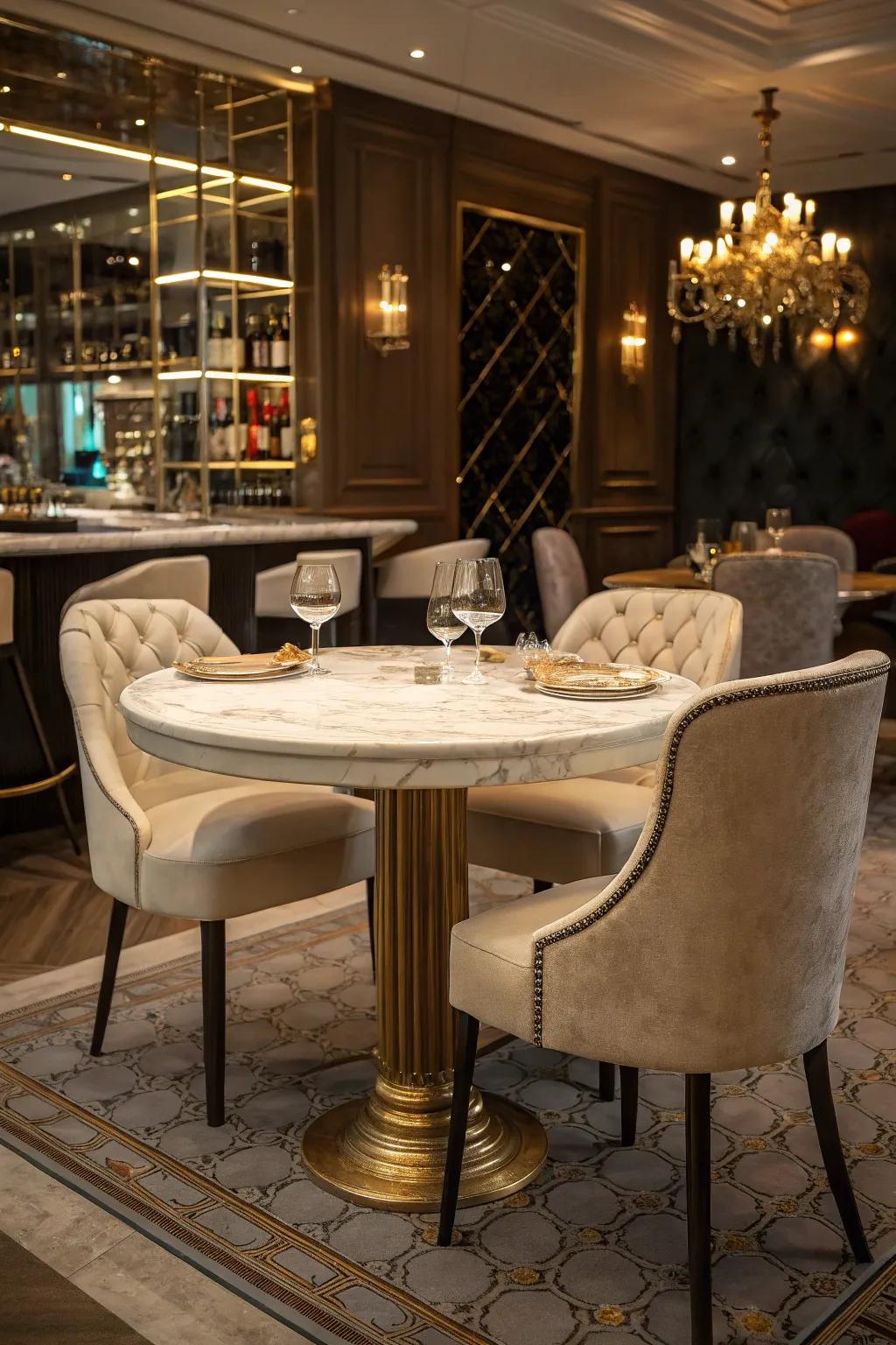 Timeless marble pub tables provide an air of beauty.