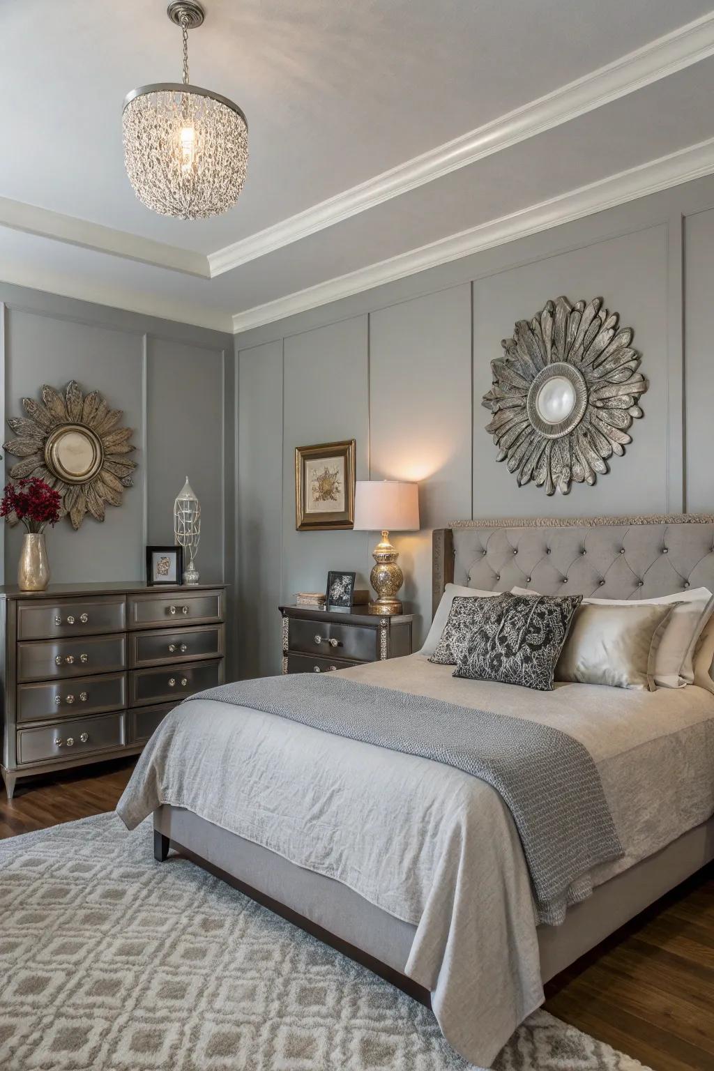 Metallic accessories add vintage glam to a Stone Echo bedroom.