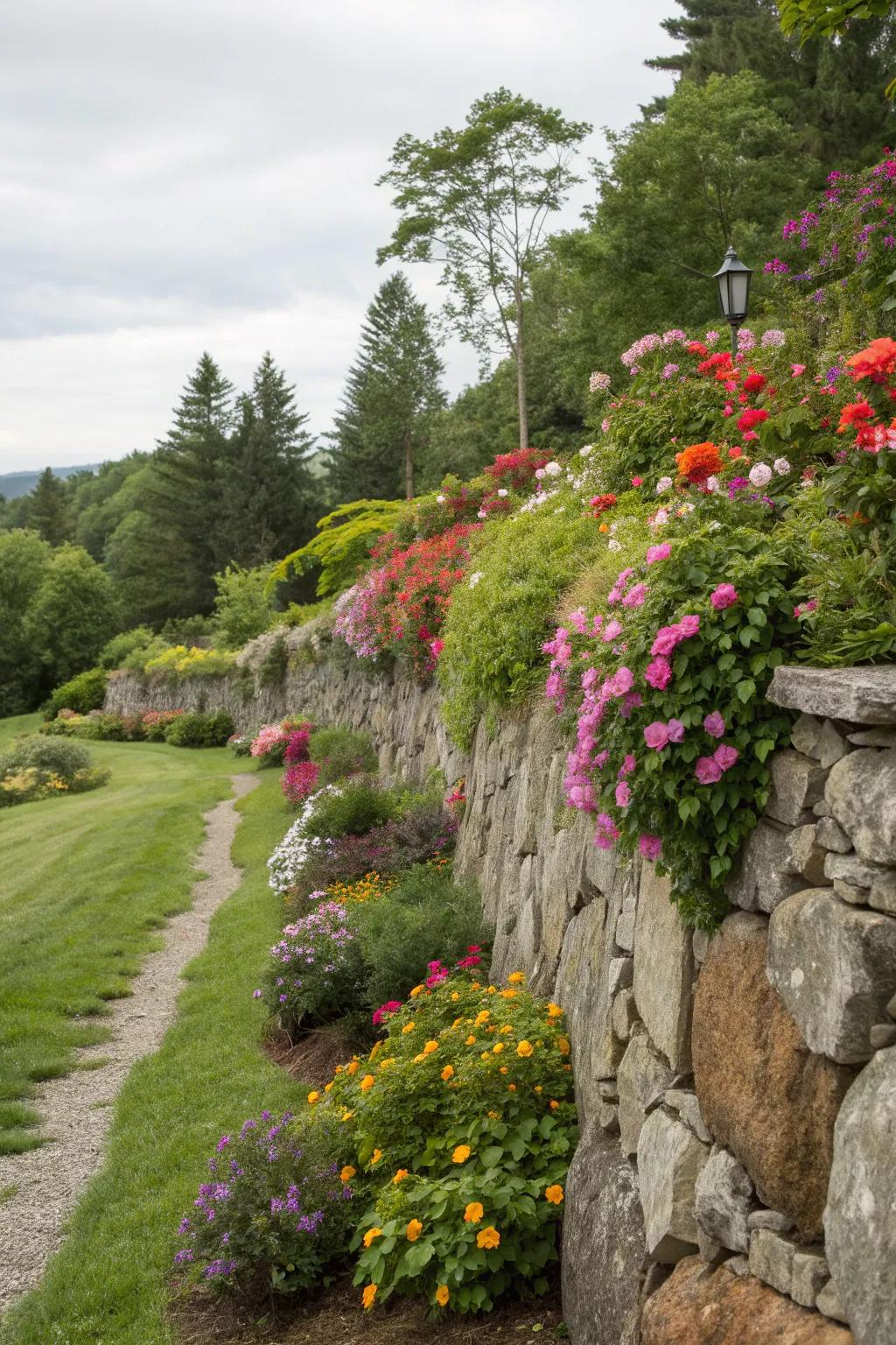 Vibrant flowers add vibrant accents to stone walls.