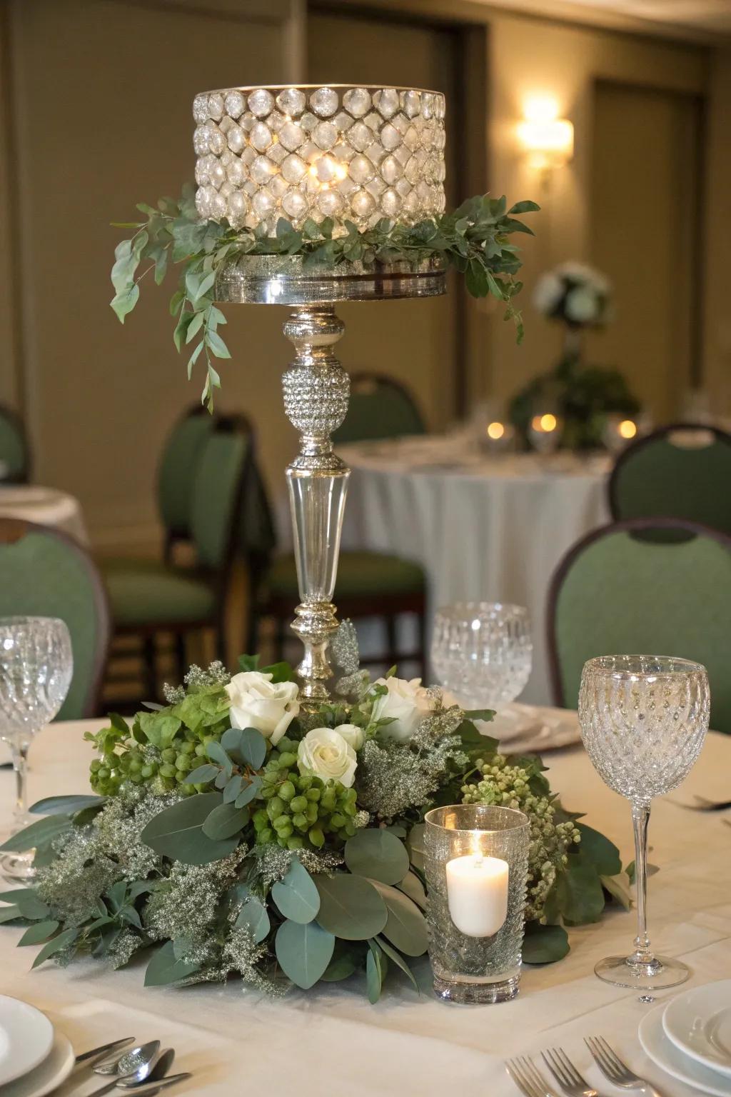 Crystal intertwined with sage green crafts a luxurious and dazzling centerpiece.