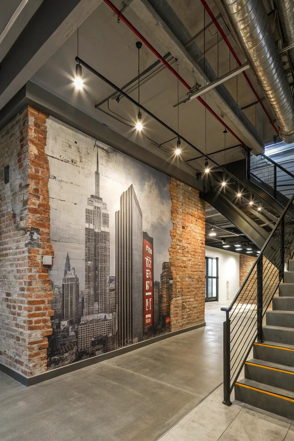 Achieve an urban chic look with an industrial mural in your loft.