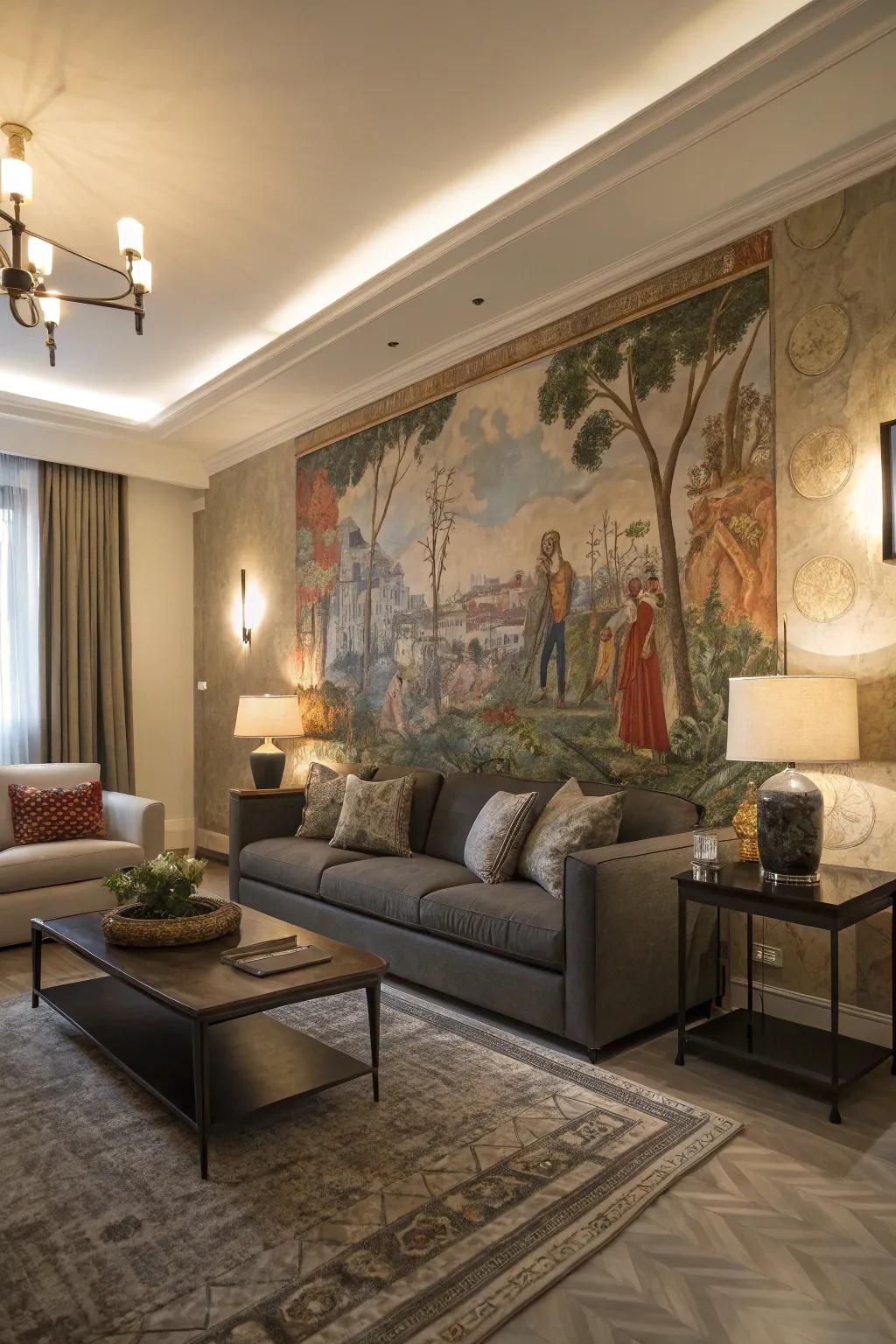 Artistic murals create captivating focal points in living spaces.