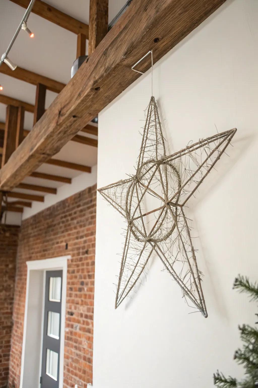 An industrial chic wire star wreath for a modern aesthetic.