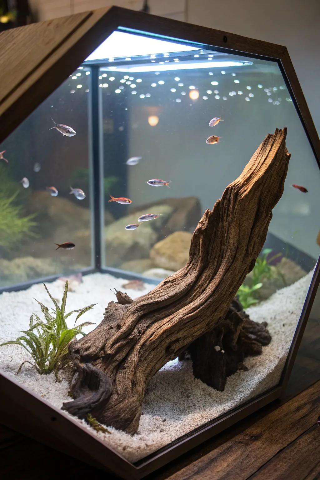 Submerged lumber introduces rustic enchantment and an innate focal element.