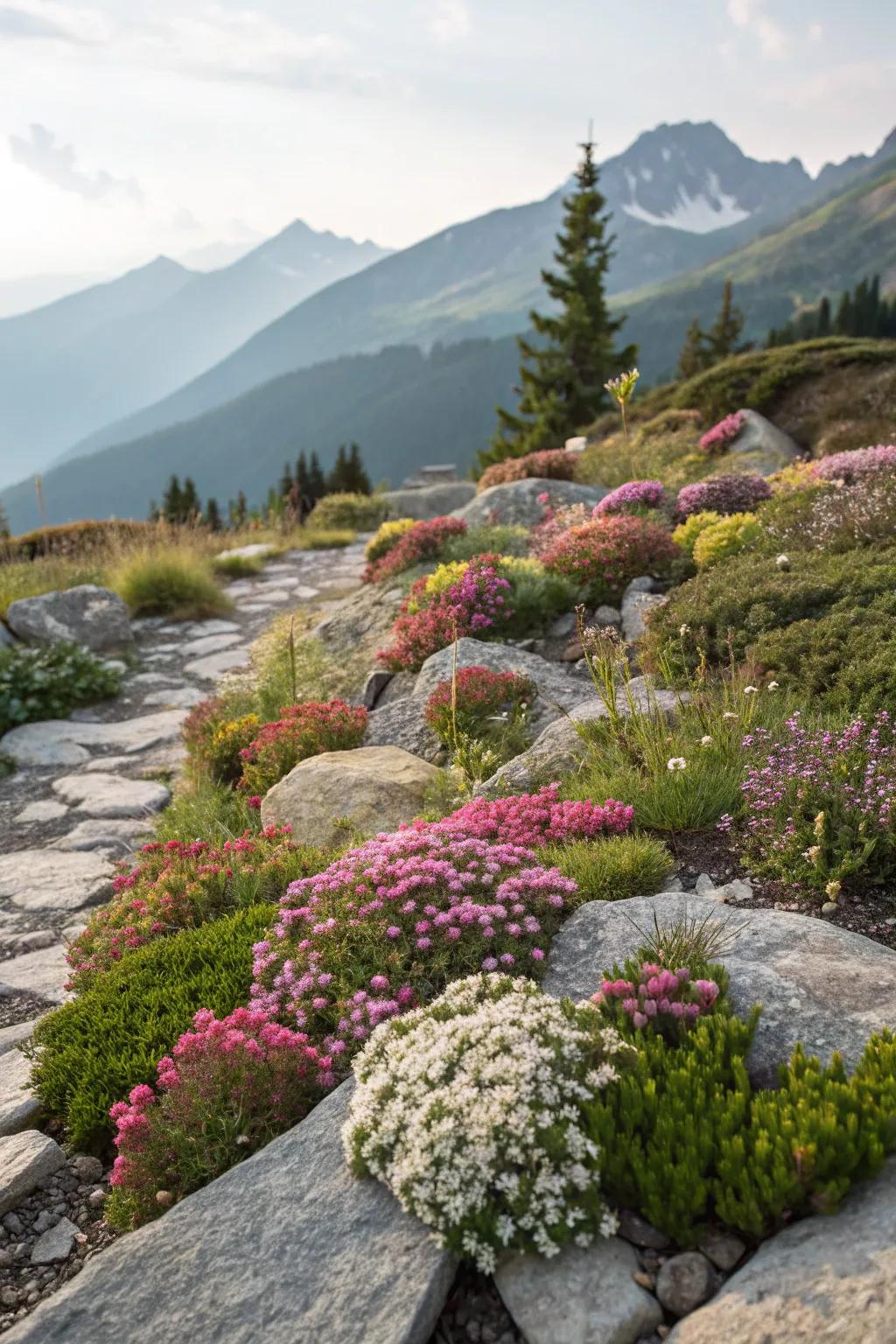 A vibrant array of alpine plants infuses rocks with life.