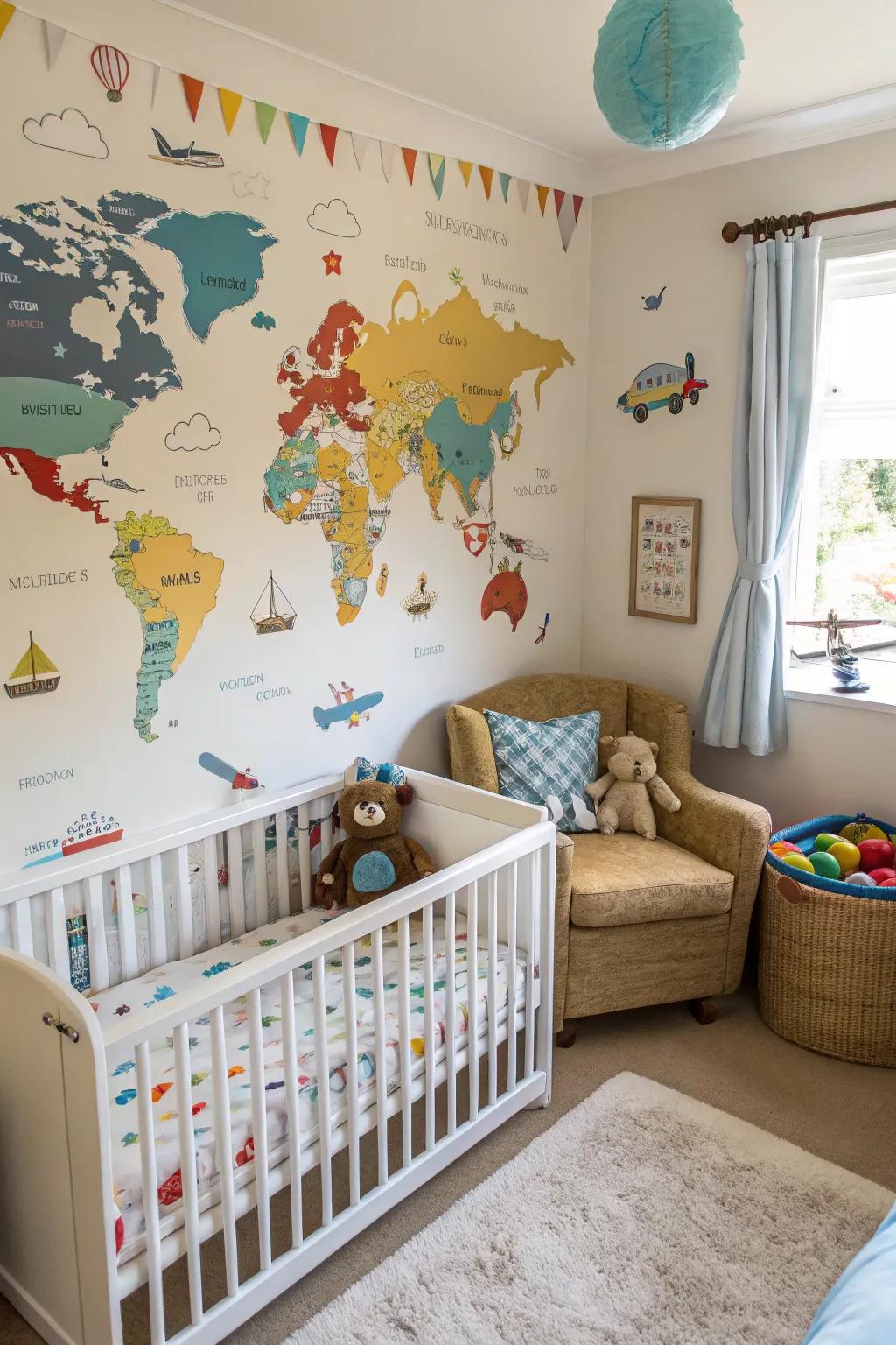 Adventure-themed wall art adds a sense of exploration to the nursery.