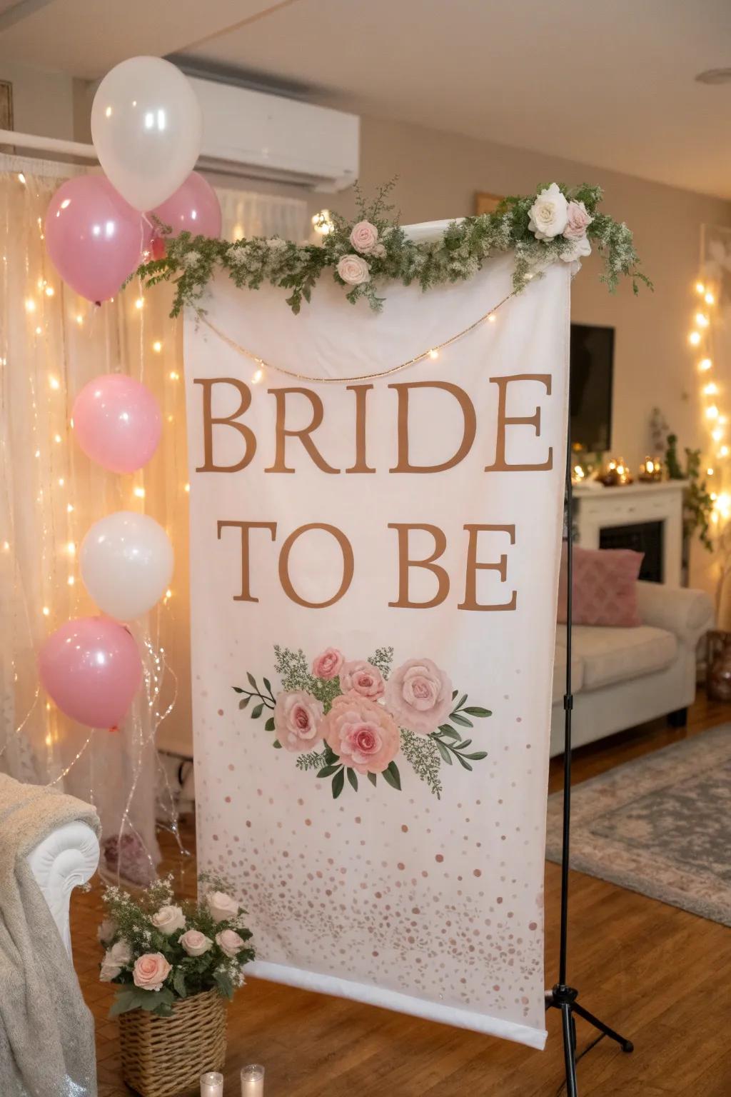 A sophisticated 'BRIDE TO BE' banner provides a personal and refined detail to the event.