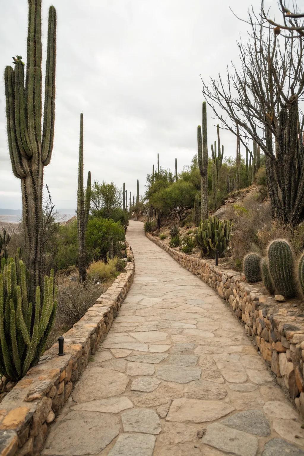An attractive stone walkway enhanced by various heights of cacti.