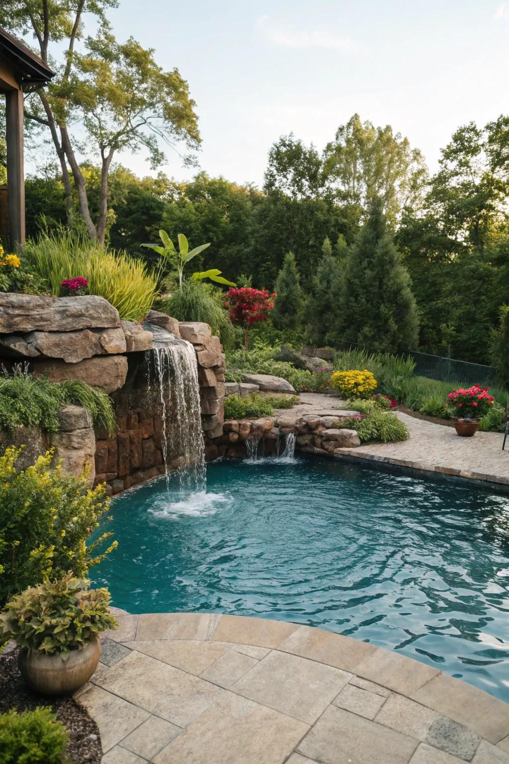 A luxurious pool with a cascading waterfall feature.